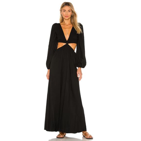 Indah Julie Solid Ruched Bodice Cutaway Maxi Dress in Black Size Medium